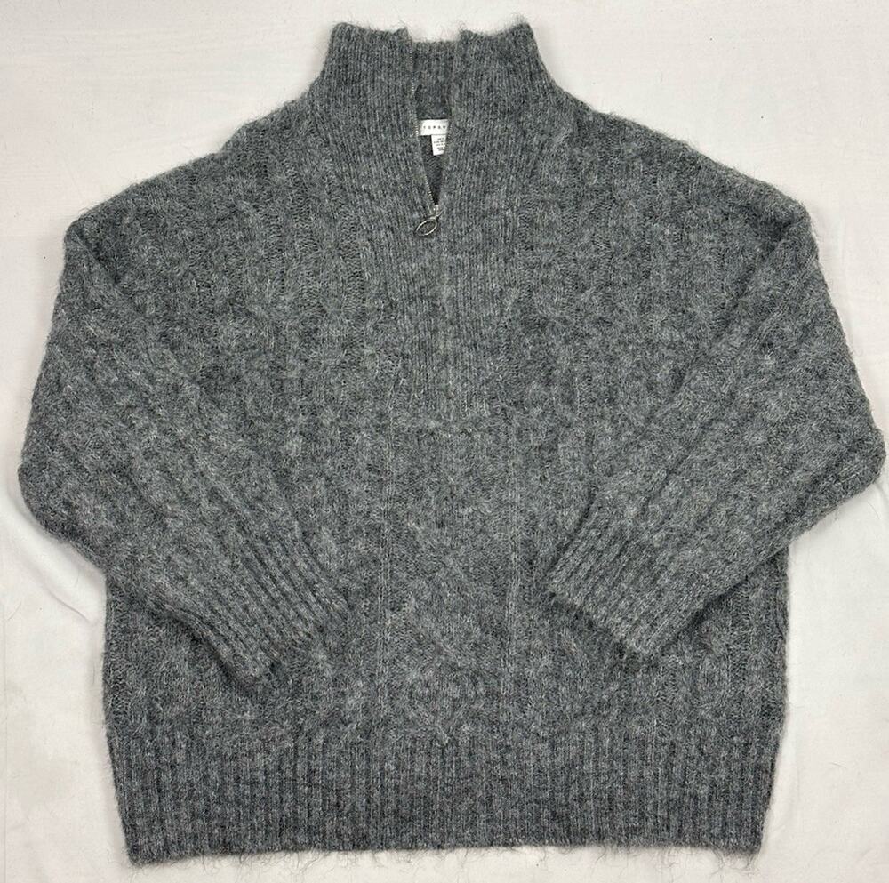 Topshop Women's Size 4-6 Gray 1/4 Zip Oversized Fuzzy Pullover Sweater Mock Neck